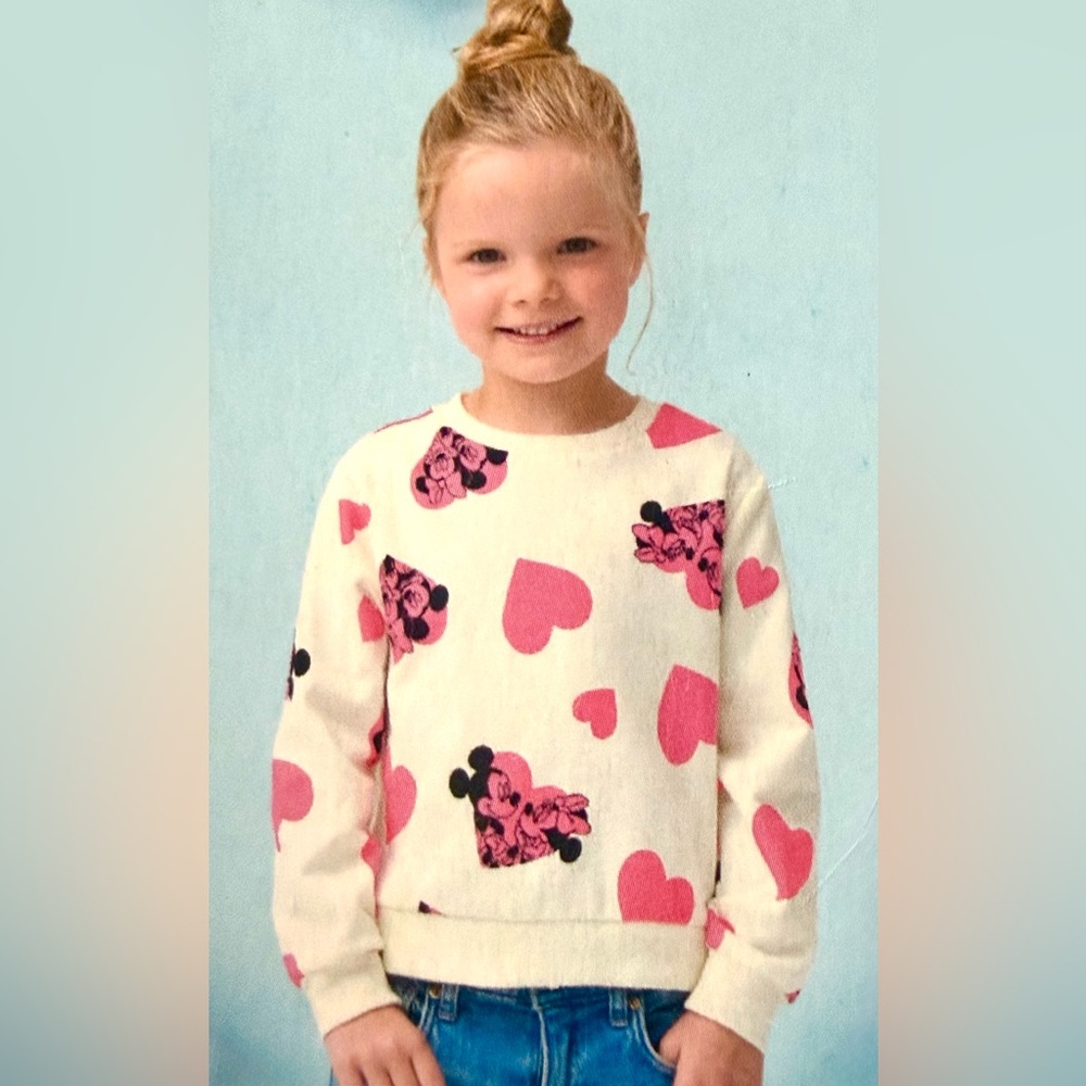 Disney Pullover Sweatshirt Top 3T Minnie & Mickey Pink Hearts Cream White NEW